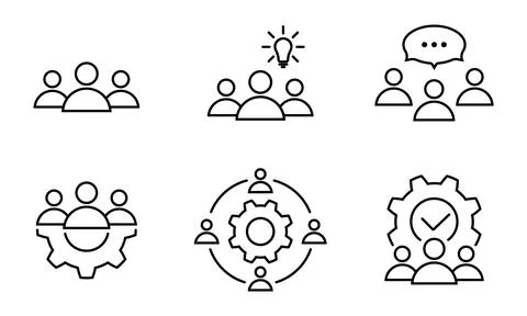 Successful teamwork project line icon set in flat Stock Illustration
