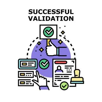 Successful validation process with approval document and checkmarks Stock Illustration
