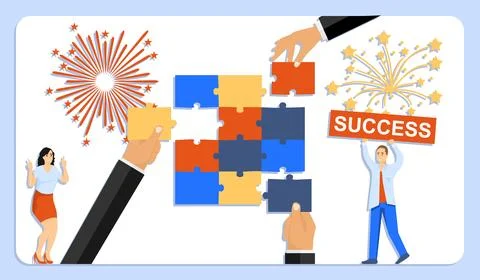 Successful work. A group of people of mini characters put together a puzzle. Stock Illustration