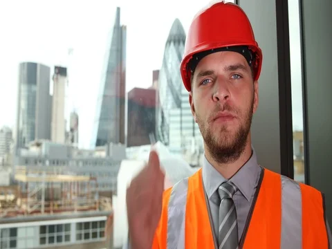Successful Worker Man Looking Camera Thumb Up Sign Engineer Male Posing London Stock Footage 73598807