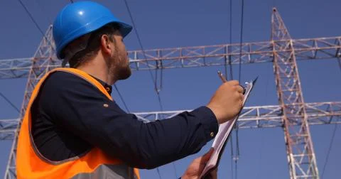 Successful Worker Man Taking Notes Cardboard Look Up Pylon Structure Wire Lines Foto stock