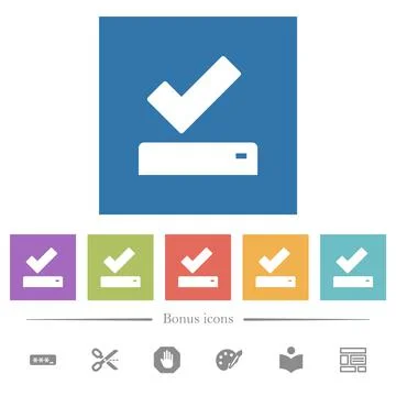 Successfully saved flat white icons in square backgrounds Stock Illustration