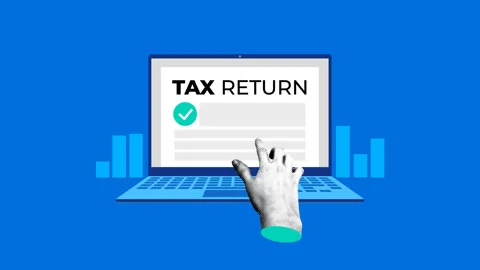 Successfully submit your tax return online. Filing a tax return on a laptop Stock Footage 333241742