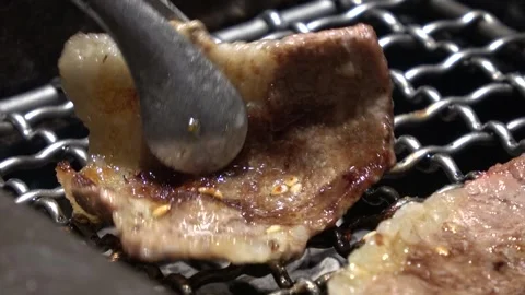 Succulent beef slices are roasting superbly on the grilling net. Stock Footage 313494410