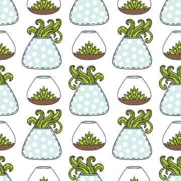 Succulent seamless pattern. Houseplants vector background. Succulents in terr Stock Illustration