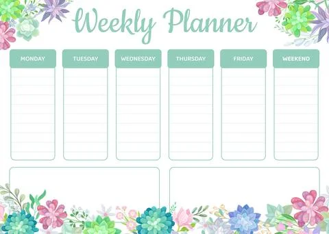 Succulent Weekly Planner Design with Fleshy Green Plant and Flora Vector Stock Illustration
