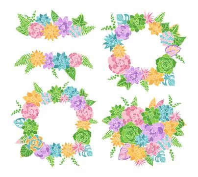 Succulents frame template multicolor set greenery border flower wreath banner Stock Illustration