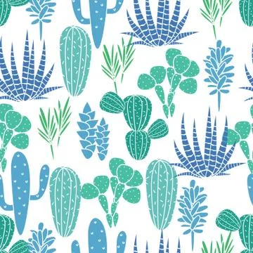 Succulents plant vector seamless pattern. Botanical blue and green cactus flora Stock Illustration