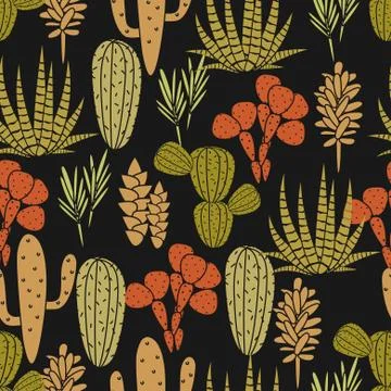 Succulents plant vector seamless pattern. Botanical black and green cactus flora 스톡 일러스트
