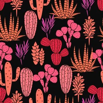 Succulents plant vector seamless pattern. Botanical black and pink rose cactus Stock Illustration
