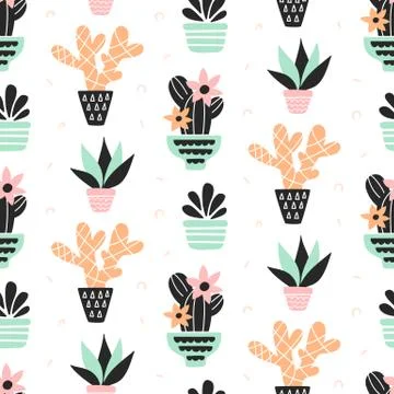 Succulents plants seamless pattern, mint and quartz colors, isolated on white Stock Illustration