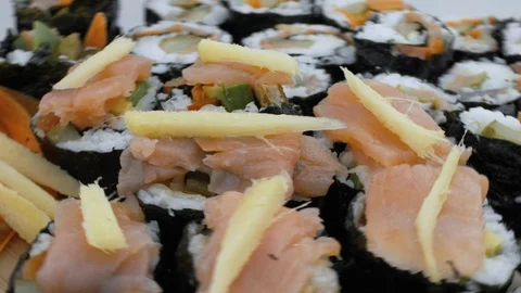 Suchi With Ginger and Salmon Close Up Stock Footage 98718236