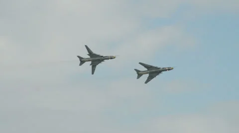 Suchoi SU-22 Fitter variable wing formation 10991 Stock Footage 25002311