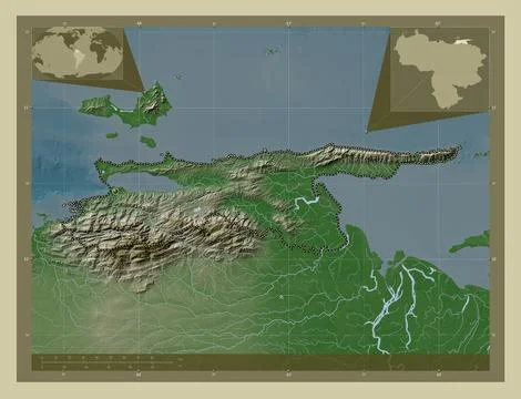 Sucre, Venezuela. Elevation map colored in wiki style with lakes and rivers 스톡 일러스트