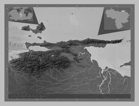 Sucre, Venezuela. Grayscale elevation map with lakes and rivers Stock Illustration