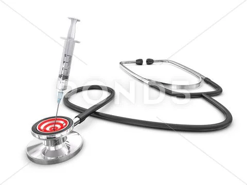 Sucsessfull diagnosis concept with stethoscope and syringe Stock Illustration