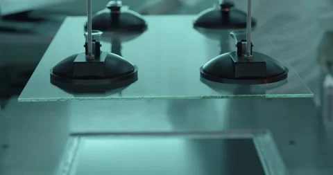Suction cups slowly puts down glass on monitor's screen in laboratory Stock Footage 232791072