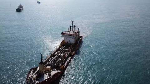 Suction Dredger ship working near the port - aerial 4k Video stock 111714645