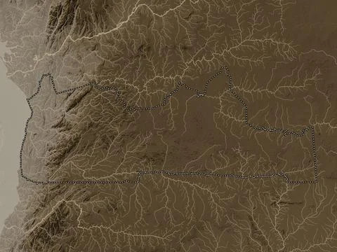 Sud, Cameroon. Elevation map colored in sepia tones with lakes and rivers Stock Illustration