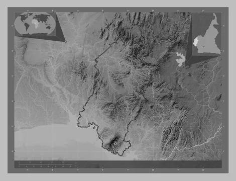 Sud-Ouest, Cameroon. Grayscale elevation map with lakes and rivers Illustrazione stock