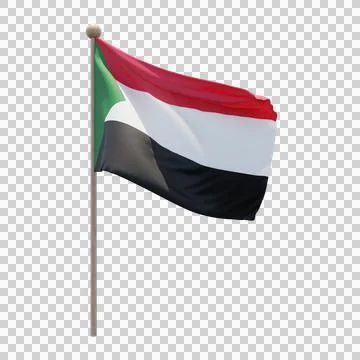 Sudan 3d illustration flag on pole. Wood flagpole Stock Illustration