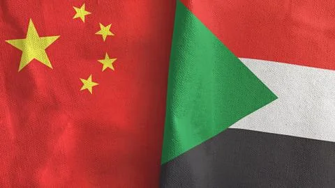 Sudan and China two flags textile cloth 3D rendering Stock Illustration