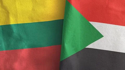 Sudan and Lithuania two flags textile cloth 3D rendering Stock Illustration
