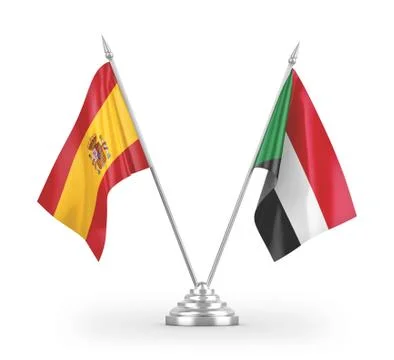 Sudan and Spain table flags isolated on white 3D rendering Stock Illustration