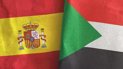 Sudan and Spain two flags textile cloth 3D rendering Stock Illustration