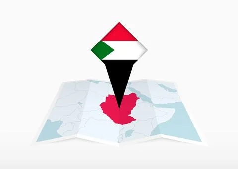 Sudan is depicted on a folded paper map and pinned location marker with fla.. Stock Illustration