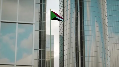 Sudan Flag 3D Render Animation on Pole with City Buildings Stock Footage 332312050