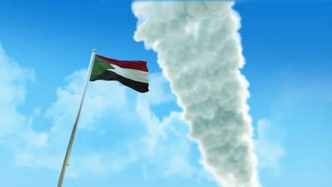 Sudan Flag 3D Render Animation on Pole with Fighter Jets Smoke Trails in Blu Stockbeeldmateriaal 333231682