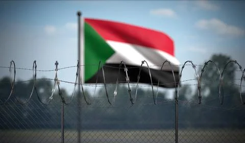 Sudan - Flag and Barbed Wire Fence - 3D illustration Stock Illustration