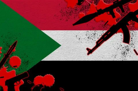 Sudan flag and various weapons in red blood. Concept for terror attack and mi Stock Illustration