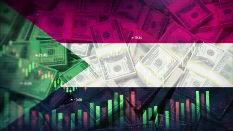 Sudan Flag on Economic Background With Decrease Bar Chart Graph And Arrow Stock Footage 320893179