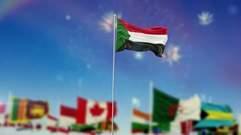Sudan Flag With Flags Of The World And Fireworks Moring And Night 3D Rendering Stock-Footage 149958612