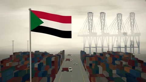 Sudan Flag Flying Over A Container Port Terminal In Morning Haze Stock Footage 344472153
