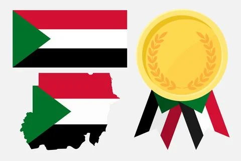 Sudan flag with map and gold medal in set for web and banners or app and game Stock Illustration