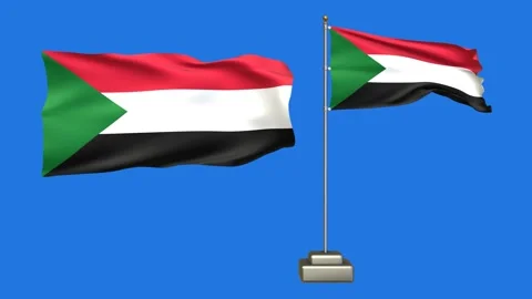 Sudan flag waving in the wind on a blue background Stock Footage 277955836