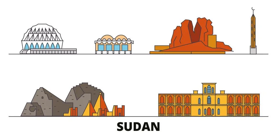 Sudan flat landmarks vector illustration. Sudan line city with famous travel Stock Illustration