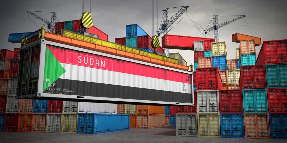 Sudan - freight container in cargo terminal - 3D illustration Stock Illustration