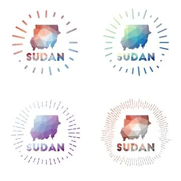 Sudan low poly sunburst set. Logo of country in geometric polygonal style. .. イラスト素材