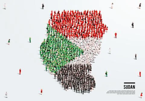 Sudan Map and Flag. A large group of people in the Sudanese flag color. Stock Illustration