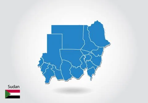 Sudan map design with 3D style. Blue Sudan map and National flag. Simple vect Stock Illustration