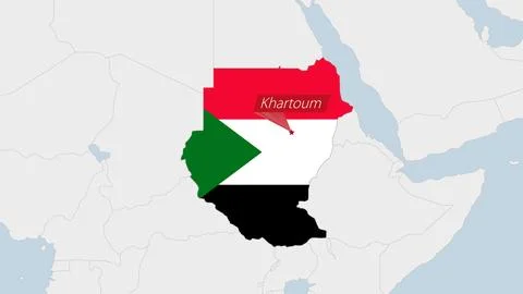 Sudan map highlighted in Sudan flag colors and pin of country capital Khartou Stock Illustration