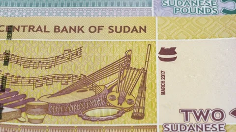 Sudan pound banknotes slow tracking. Slider shot. Low angle, 4K Stock Footage 126667518