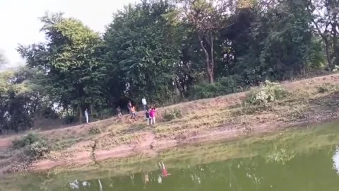 Sudden leopard charge causes chaos as villagers flee for safety Stock Footage 322177115