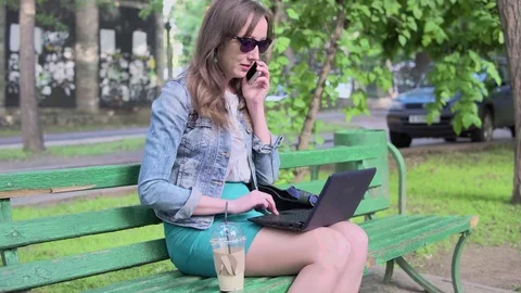 Sudent work using laptop in the campus park Stock Footage 79839462