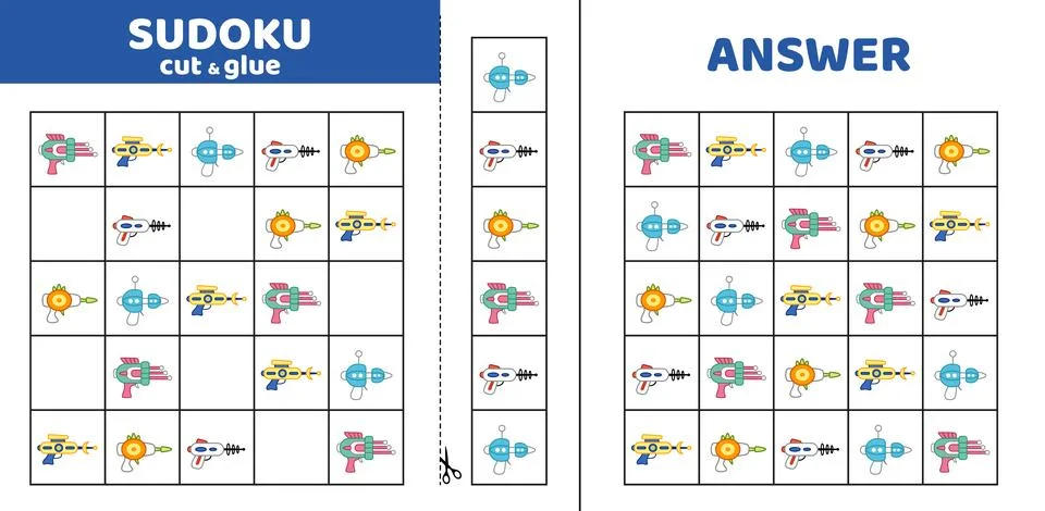 Sudoku with five blasters, space weapon. Game puzzle for little kids. Cut and Stock Illustration
