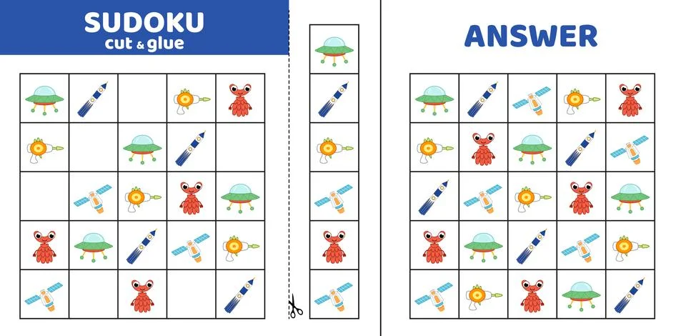Sudoku with five cosmic elements. Game puzzle for little kids. Cut and glue Stock Illustration